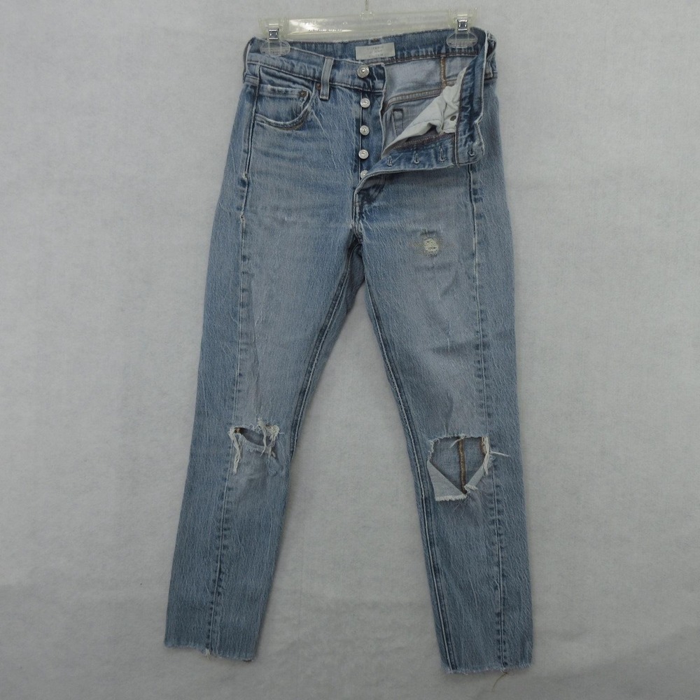 Levis 501 Skinny Jeans Womens 25x26 Blue High Rise Distressed Denim Altered